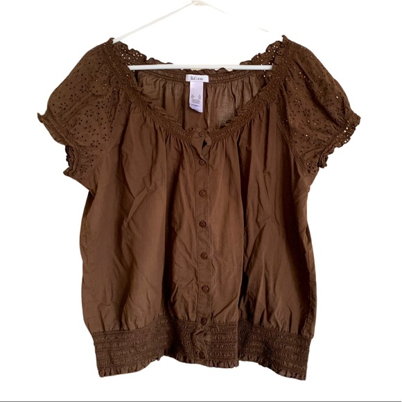 Liz & Co Brown Eyelet Peasant Top Sz XL - Picture 1 of 6